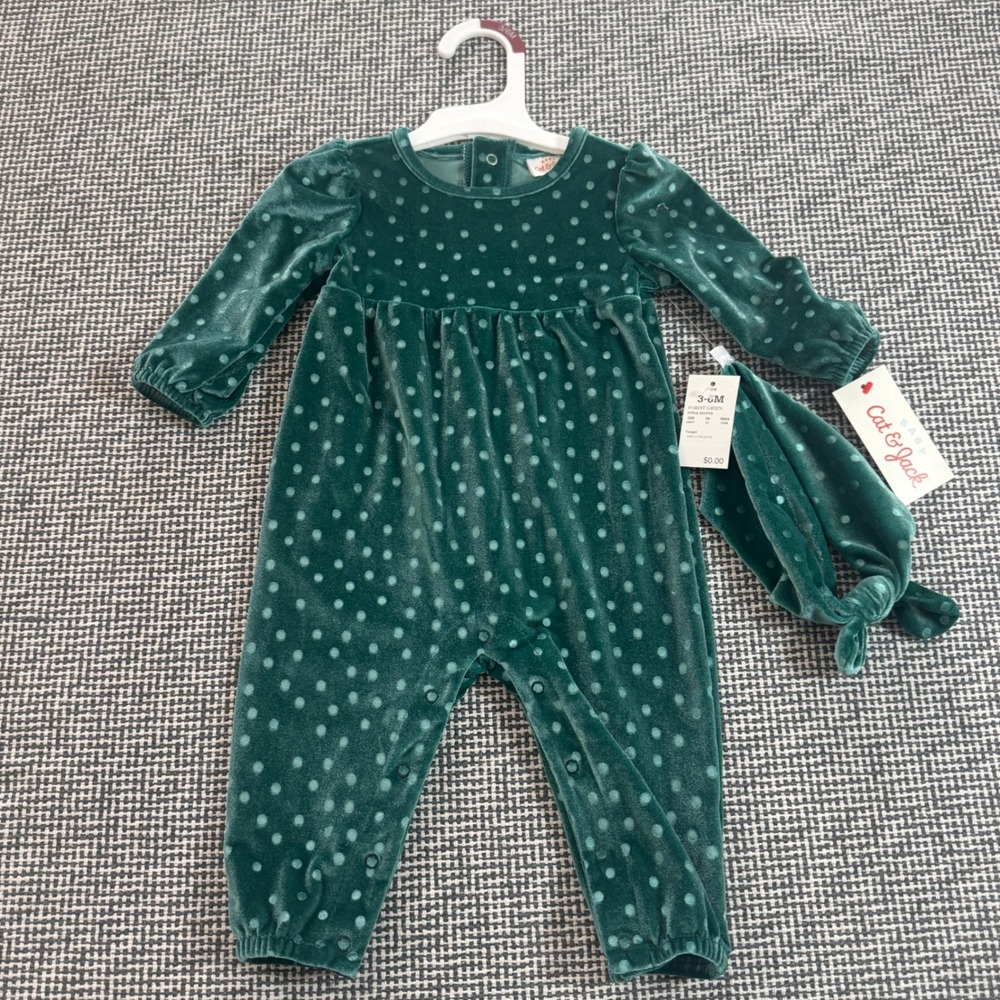 Cat & Jack Baby Forest Green Velvet Polka Dot Jumpsuit & Headband Set 3-6M NWT